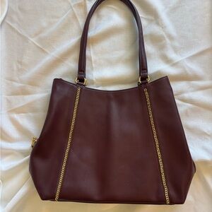 INC International Concepts. Classic purple/ burgundy Leather Tote Bag Gold Chain